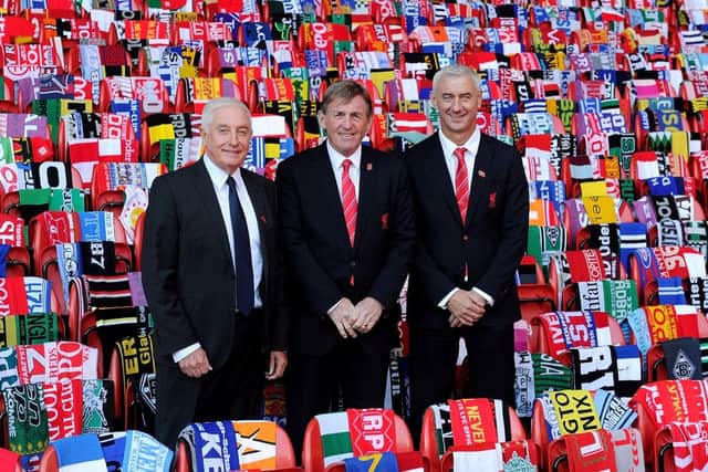 Liverpool legends Roy Evans, Kenny Dalglish and Ian Rush at the memorial service. Picture: Getty