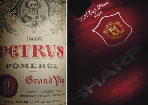 Bottles of Petrus 1996 and a signed Manchester United Cup Final shirt from 1996 are among the items to be sold at auction. Picture: PA