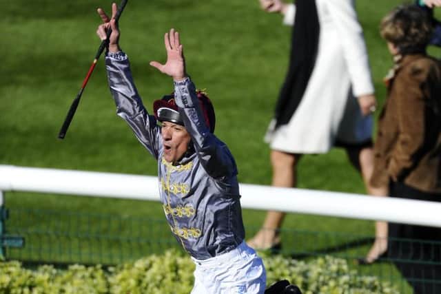Frankie Dettoris flying dismount after riding Sandiva to victory at Newmarket. Picture: Getty