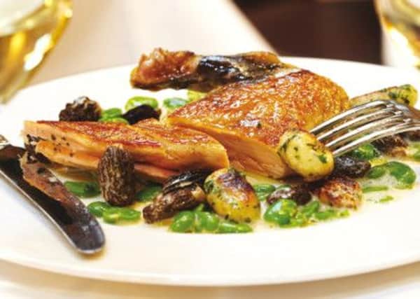 Supreme of guinea fowl with broad beans, mushrooms and herb gnocchi