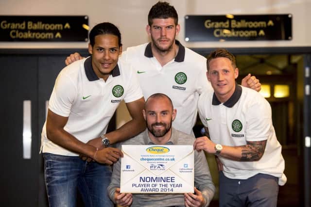 Kris Boyd, centre, with Celtic trio, from left, Virgil van Dijk, Fraser Forster and Kris Commons. Picture: SNS