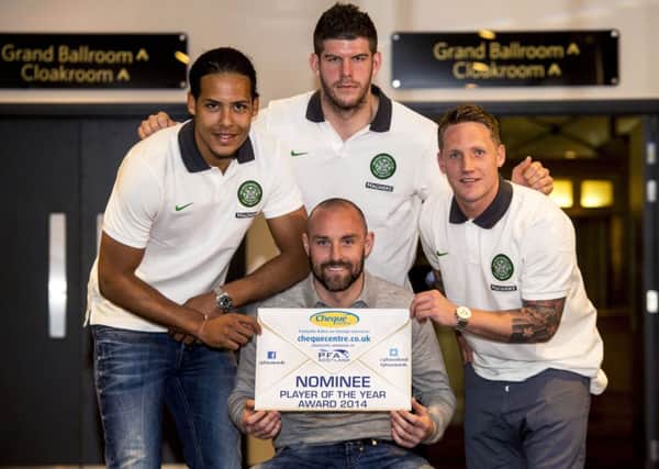 Kris Boyd, centre, with Celtic trio, from left, Virgil van Dijk, Fraser Forster and Kris Commons. Picture: SNS