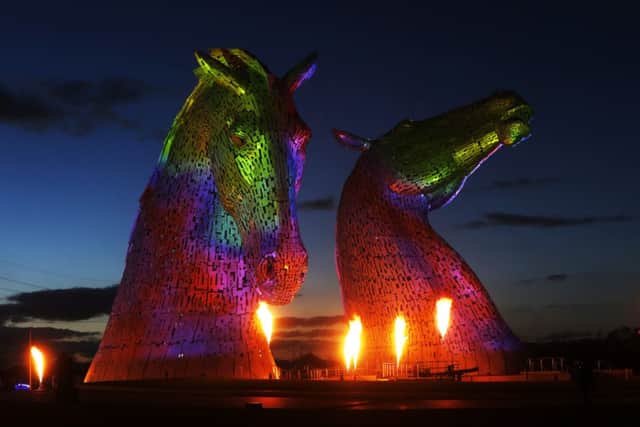 Groupe F perform a light, flame and sound show during the launch of the Kelpies. Picture: PA