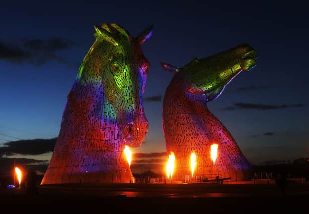 Groupe F perform a light, flame and sound show during the launch of the Kelpies. Picture: PA