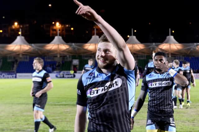 Glasgow Warriors' Finn Russell is all smiles at full-time. Picture: SNS