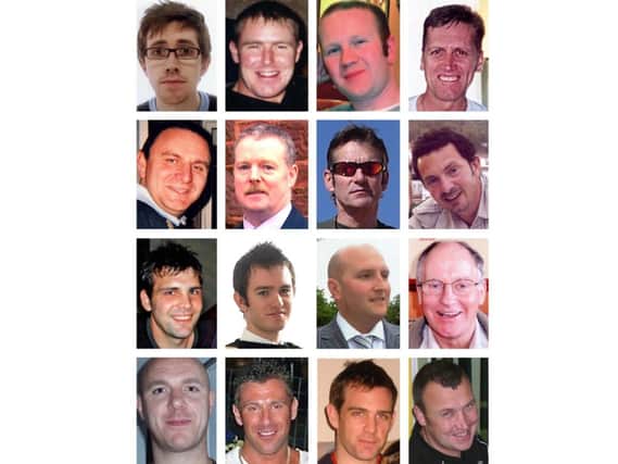 The 16 victims. Nolan Goble is pictured on the bottom row, second from left. Picture: PA