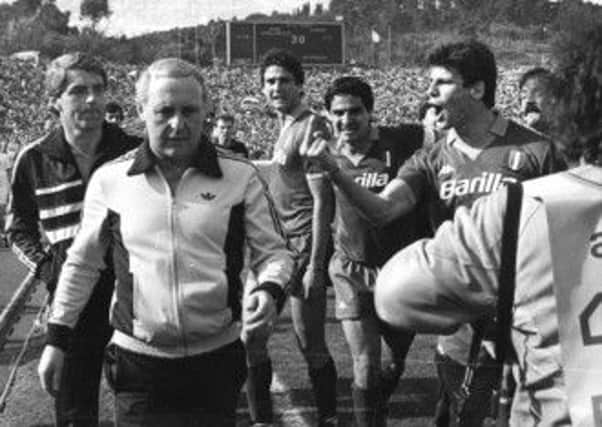 Roma players shout at Dundee United manager Jim Mclean and assistant Walter Smith in 1984 Picture: Contributed