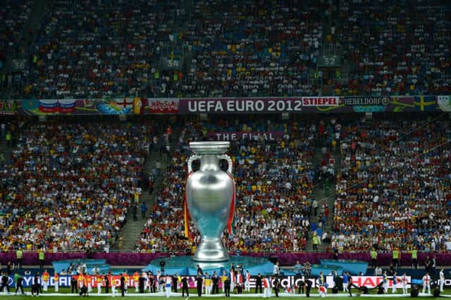 A giant inflatable trophy is displayed at the Olympic Stadium in Kiev before the Euro 2012 final. Picture: Getty