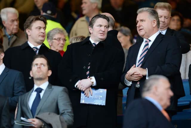 Rangers shareholders James, left, and Sandy Easdale at Ibrox with Graham Wallace. Sandy Easdale is worried about the clubs finances. Picture: Rob Casey/SNS Group