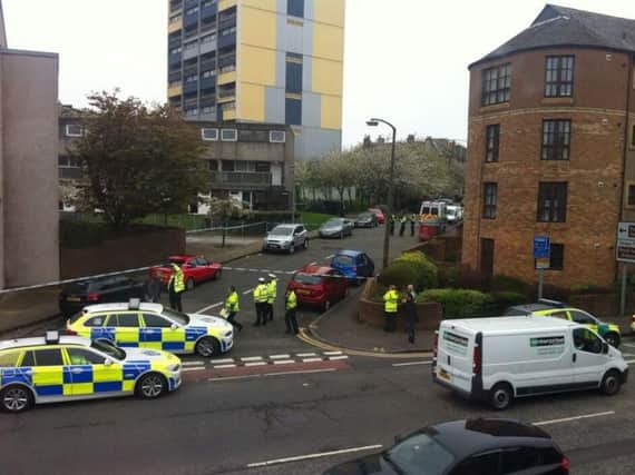A number of police are in the Leith area and have closed off the street. Persevere Court is in the background. Picture: Jenny Kelloe/twitter.com/jennykelloe