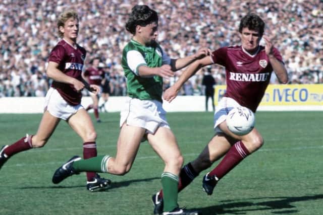 Hibs' Paul Kane is shadowed by the late Sandy Jardine. Picture: SNS
