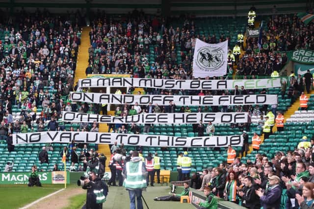 Celtic fans display a banner at yesterday's game. Picture: SNS