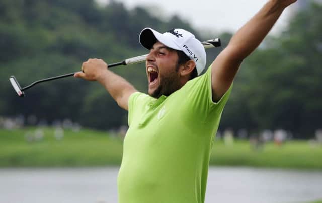 Frenchman Alexander Levy shows his delight at winning the China Open in Shenzen, his maiden European Tour victory. Picture: Reuters
