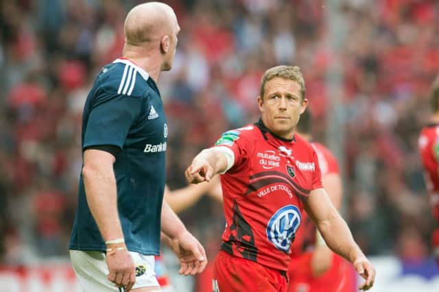 Munsters Paul OConnell talks to Toulon matchwinner Jonny Wilkinson after the Heineken Cup semi-final. Picture: AFP