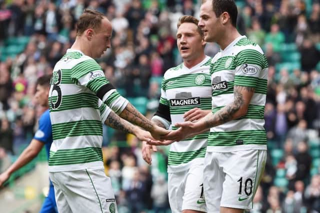 Celtic striker Anthony Stokes celebrates with Leigh Griffiths. Picture: SNS