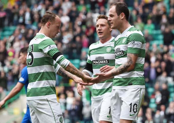 Celtic striker Anthony Stokes celebrates with Leigh Griffiths. Picture: SNS