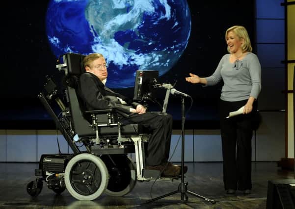 Professor Stephen Hawking, left and daughter Lucy at George Washington University. Picture: Getty
