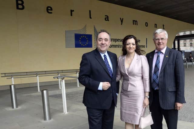 Alex Salmond with SNP President and MEP Ian Hudghton, right, and SNP MEP Candidate Tasmina Ahmed-Sheikh. Picture: Getty