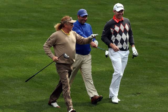 Stephen Gallacher, right, with Miguel Angel Jimenez and Jose Maria Olazabal at Augusta. Picture: Getty