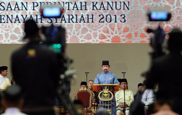 Sultan Hassanal Bolkiah delivers his speech announcing the phased implementation of Sharia law in the country. Picture: Getty