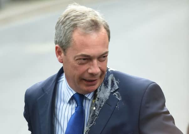 UKIP leader Nigel Farage was hit by an egg in Nottingham. Picture: PA