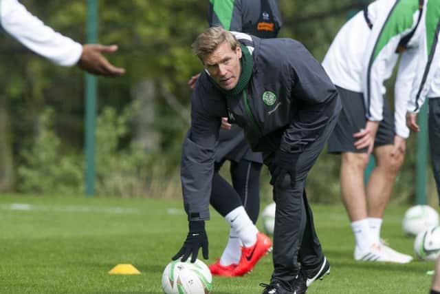 Celtic assistant manager Johan Mjallby prepares the team for the game in training for their game against Aberdeen. Picture: SNS
