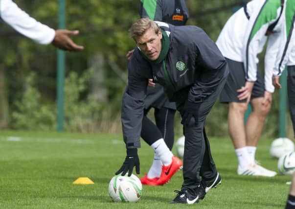 Celtic assistant manager Johan Mjallby prepares the team for the game in training for their game against Aberdeen. Picture: SNS