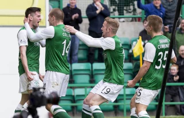 Sam Stanton celebrates his late equaliser for Hibs. Picture: SNS