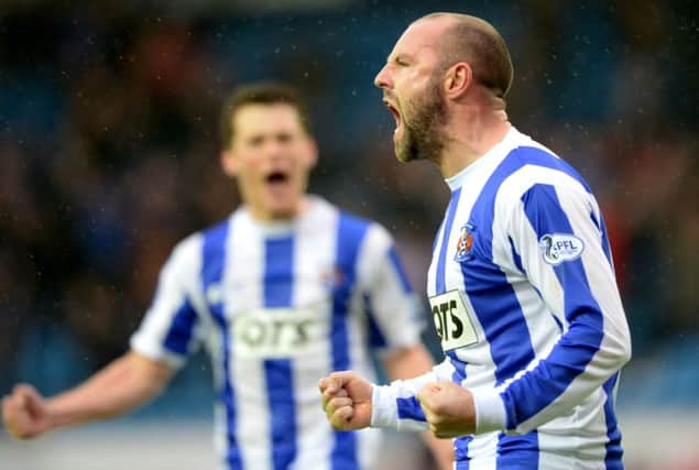 Kris Boyd celebrates after scoring a vital goal in Kilmarnock's race to avoid the play-offs. Picture: SNS