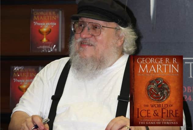 George RR Martin at a book signing and, inset, the cover of the new book. Picture: Yerpo