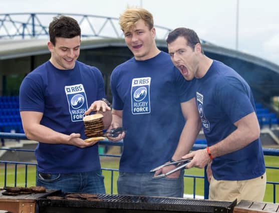 Matt Scott, left, and David Denton join Tim Visser, right, to promote RBSs RugbyForce initiative. Picture: SNS/SRU