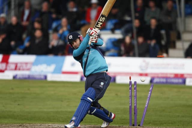 Scotland's Preston Mommsen is bowled against England. Picture: Reuters