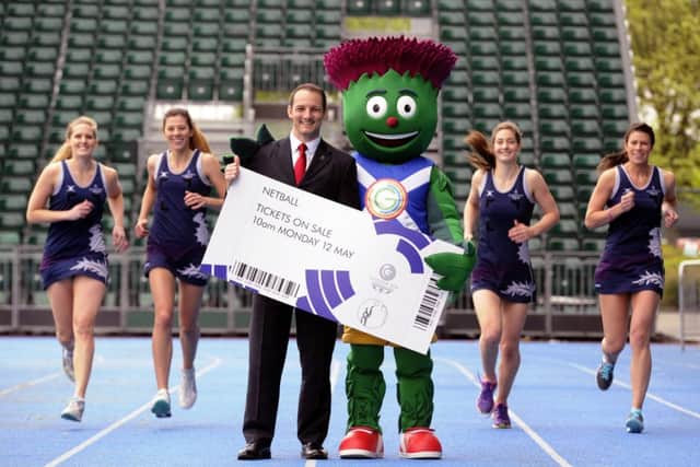 Scotland's netball team and mascot Clyde join David Greenberg to promote tickets. Picture: John Devlin