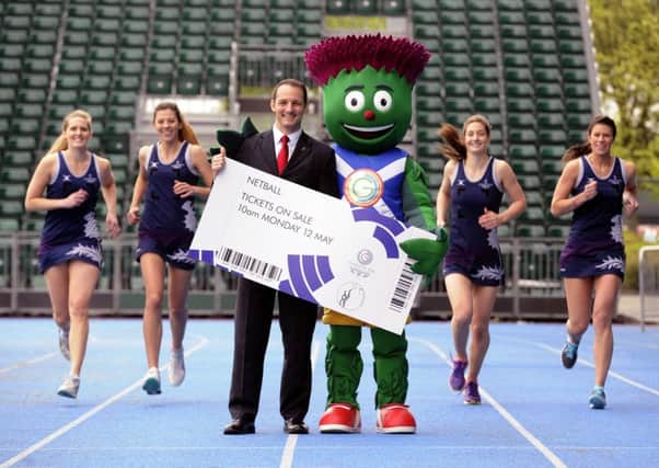 Scotland's netball team and mascot Clyde join David Greenberg to promote tickets. Picture: John Devlin