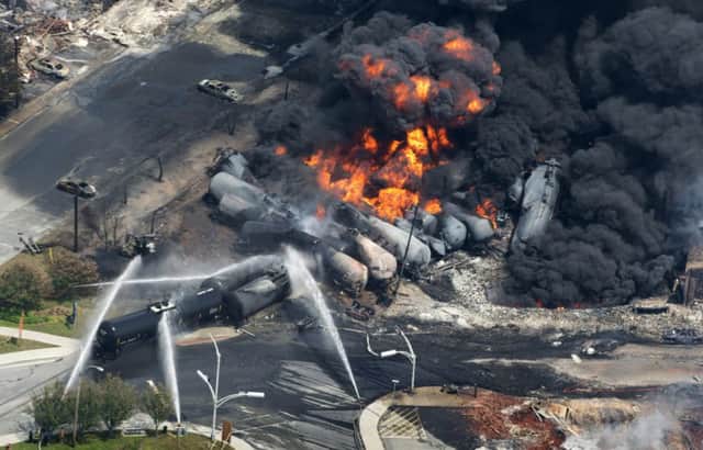 Oil tanks explode after the runaway train derailed at LacMegantic on 6 July last year. Picture: AP
