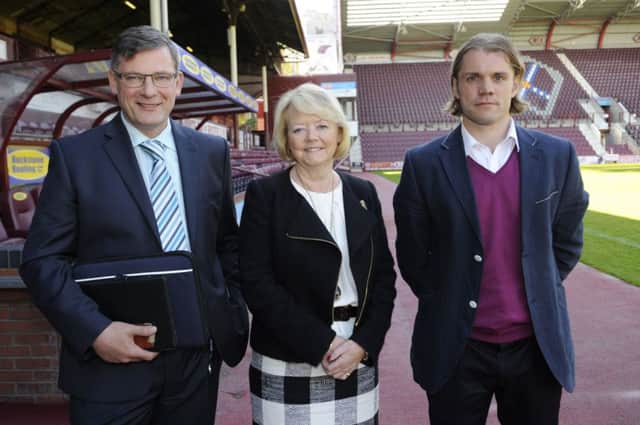 Ann Budge unveils new director of football Craig Levein and new head coach Robbie Neilson at Tynecastle. Picture: Greg Macvean