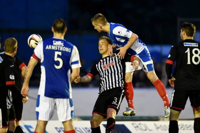 Thomas OBrien heads home the Cowdenbeath equaliser in last nights play-off match. Picture: SNS