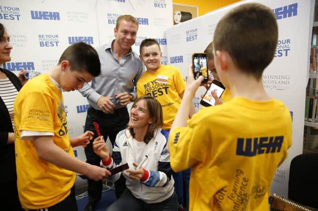 Sir Chris Hoy and Katherine Grainger meet youngsters in Clydebank yesterday. Picture: Robert Perry