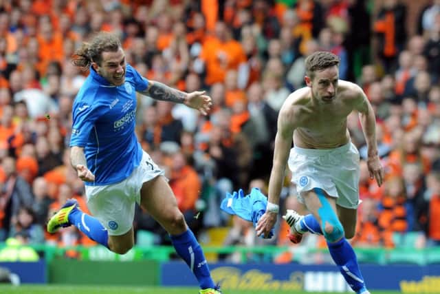 Steven MacLean celebrates after scoring St Johnstones decisive second goal at Celtic Park. Picture: Lisa Ferguson
