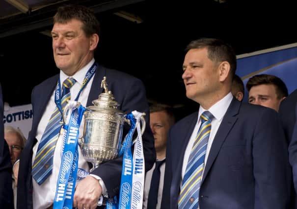 St Johnstone manager Tommy Wright, left, and chairman Steve Brown soak up their success. Picture: SNS