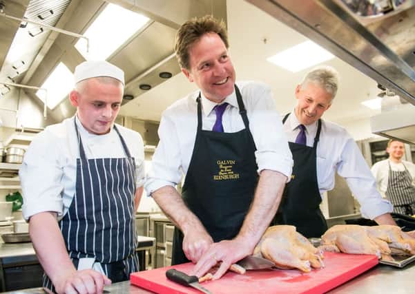 Nick Clegg meets young apprentice Alexander Thomson and head chef Craig Sandle at the Galvin Brothers Brassiere. Picture: Ian Georgeson