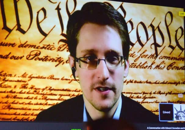NSA whistleblower Edward Snowden speaks via videoconference during this year's SXSW festival. Picture: AP