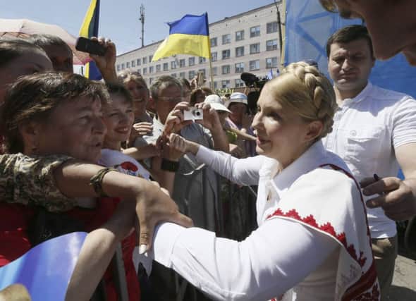 Former prime minister Yulia Tymoshenko campaigns in Konotop, northern Ukraine. Picture: Reuters