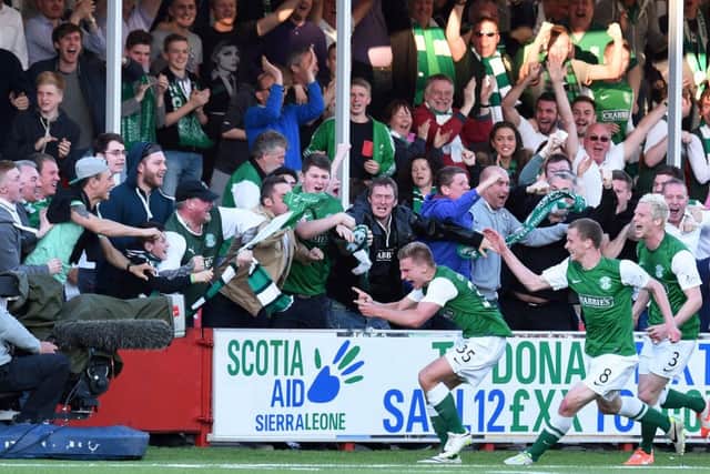 Hibs' Jason Cummings celebrates. Picture: SNS