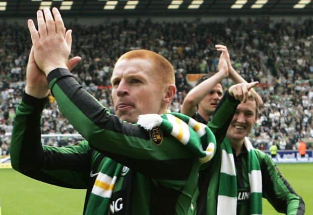 Neil Lennon, left, celebrates winnig the 2006/07 title with Aiden McGeady, right. Picture: David Moir