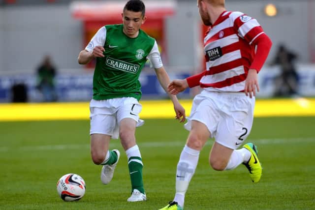 Ziggy Gordon closes down Alex Harris of Hibernian. Picture: Getty