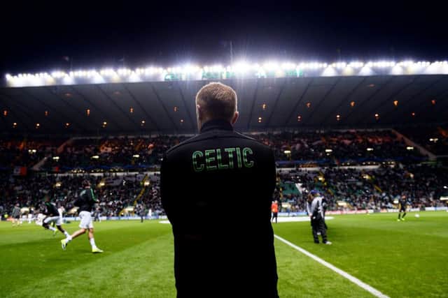 Neil Lennon the dugout against Barcelona. Picture: SNS