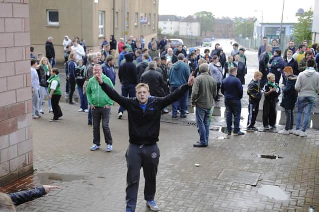 Angry Hibs fans vented their anger after the final whistle. Picture: Greg Macvean