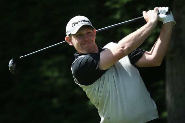 Stephen Gallacher tees off on the 18th hole during day four at Wentworth. Picture: Getty