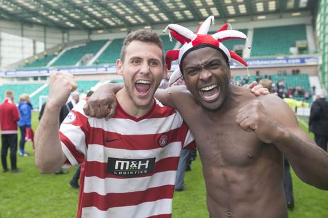 Hamilton goalscorers Tony Andreu, left, and Jason Scotland. Picture: PA